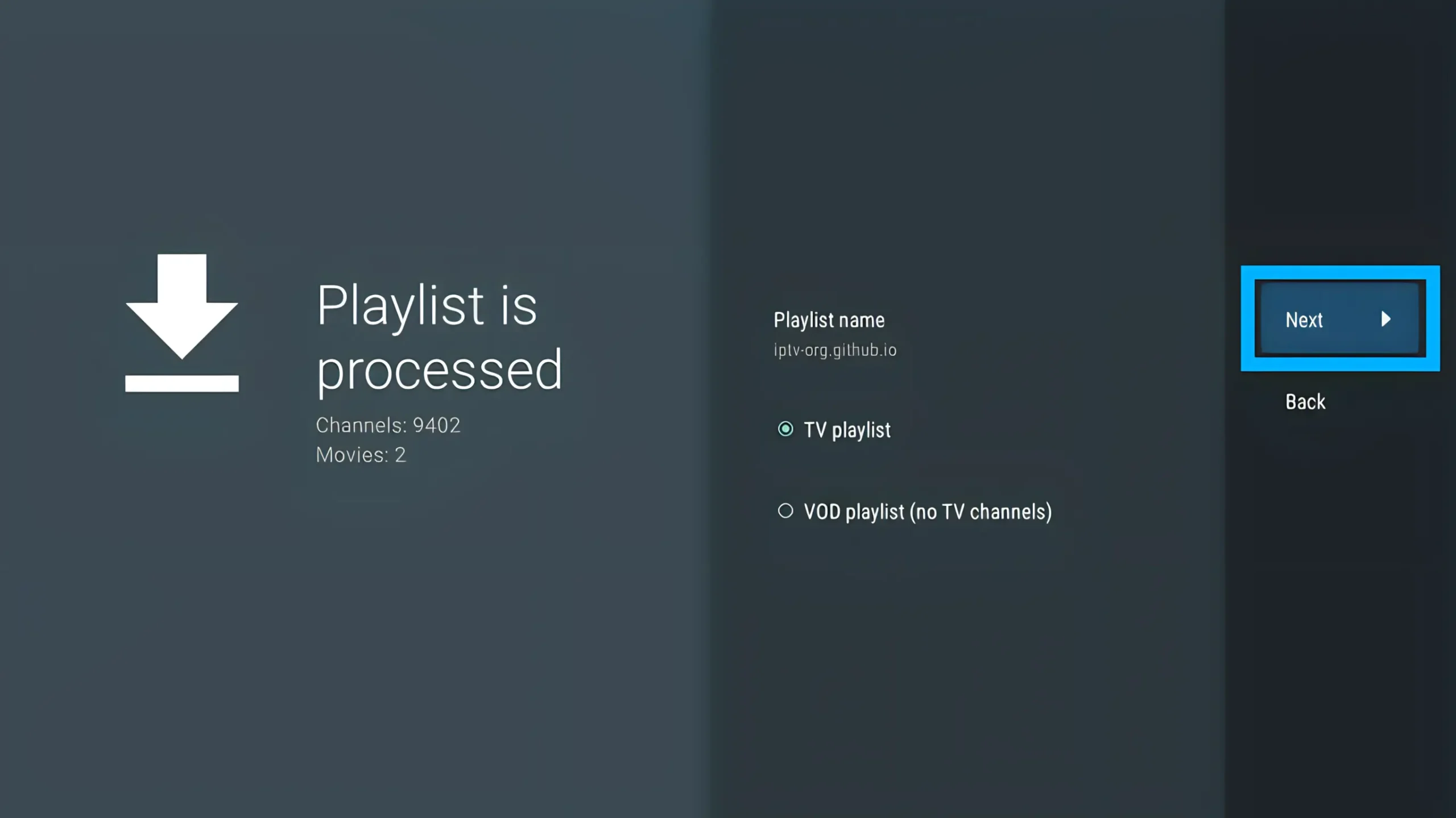 playlist processed Click Next