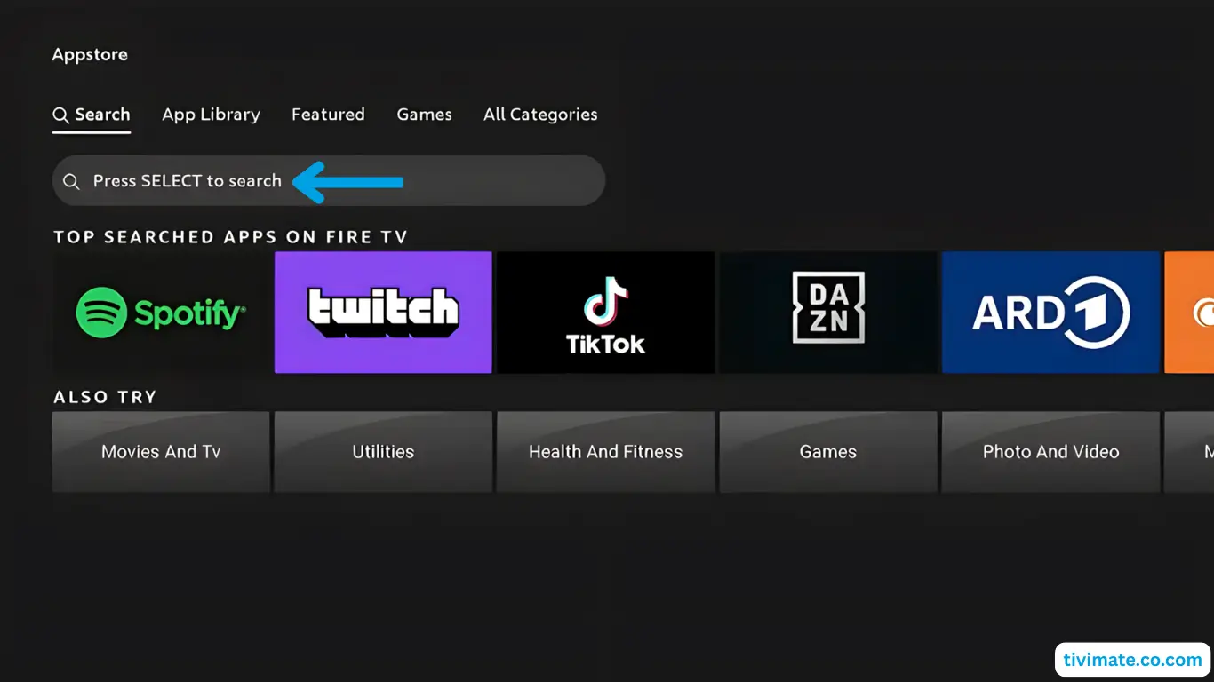 Select search, and press down and ok and begin typing Downloader