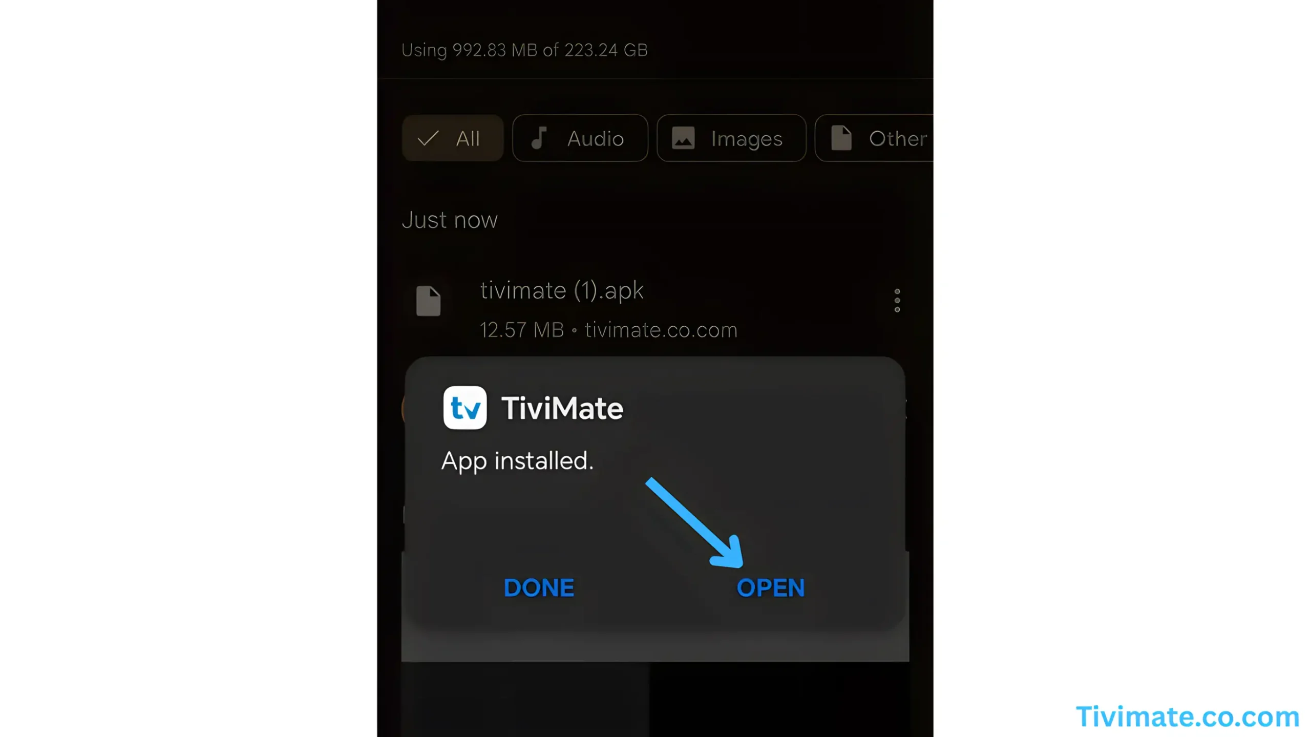Press Open after the Tivimate APK is downloaded to launch the app.